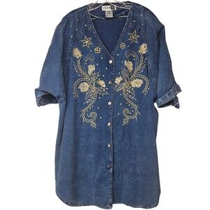 VTG Club Z Womens 3X Denim Tunic Shirt Blue Gold Floral Embroidered Button Up